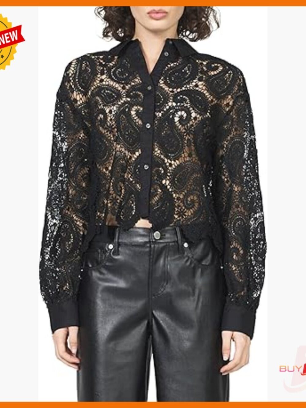 Cropped Long Sleeve Lace Button Down Blouse Relaxed Fit